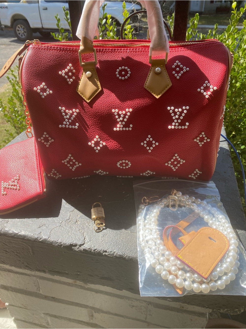 NOT AUTHENTIC Louis Vuitton Red Studded Satchel Handbag with Pearl Strap